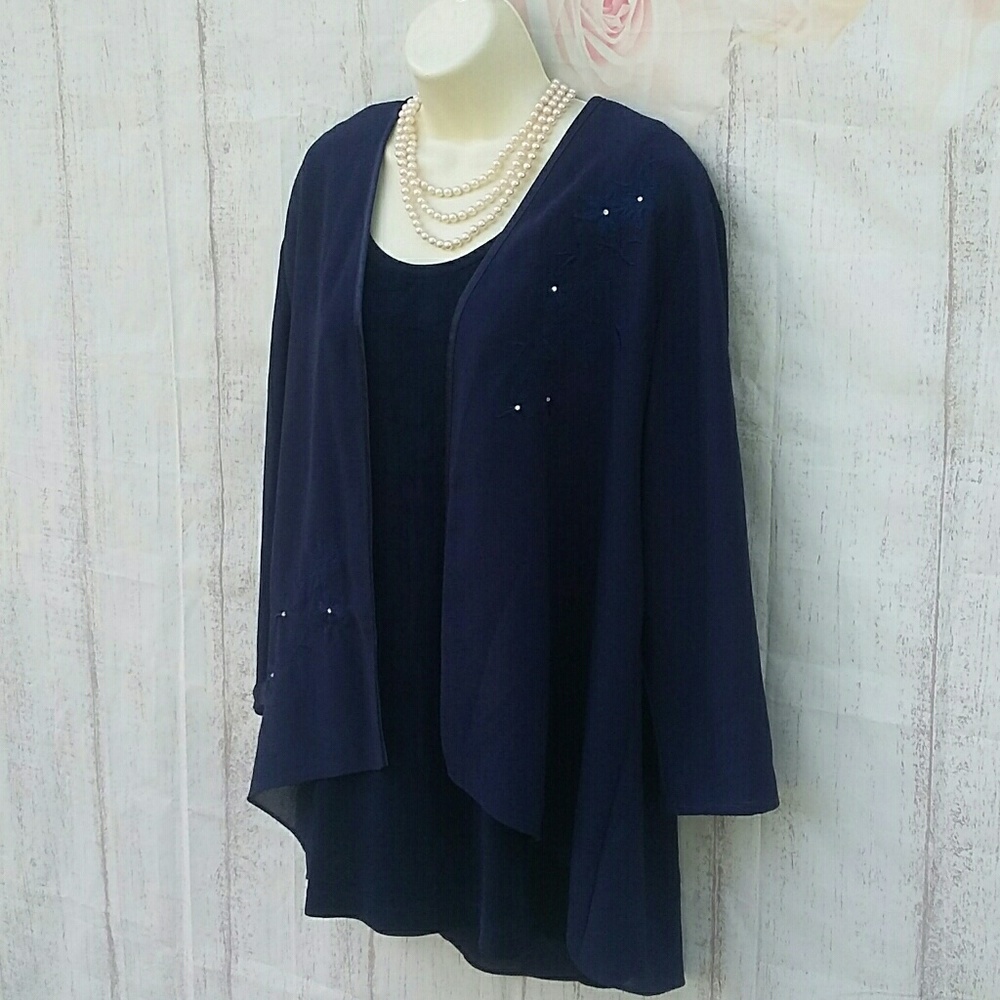 High Low Navy Open Cardigan XLarge Embroidered Event Wear Navy Blue